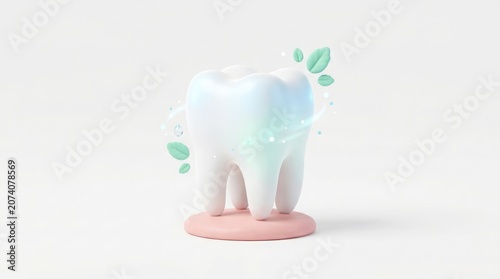 A shiny white tooth model with green leaves on a pink base sits on a plain surface in a dental office environment for educational purposes.
