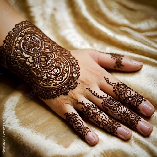 A hand adorned with intricate henna designs on a golden fabric background