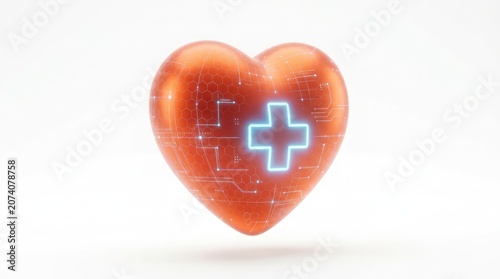 A glowing red heart with a medical cross is prominently displayed on a white surface in a digital illustration.