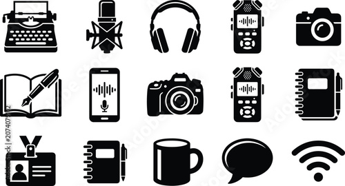Foto Professional journalism and podcast broadcasting interview equipment icons set w