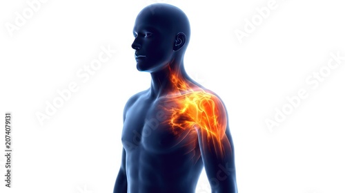 An injured human upper body silhouette shows pain in the shoulder and arm area.