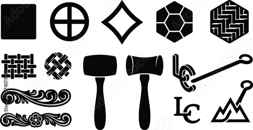 Fényképezés Traditional leather crafting and stamping hand tools icons set with geometric pa