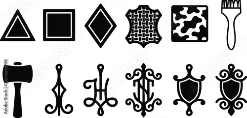 Vászonkép Traditional leather crafting mallets and artisan pattern stamp punches icons set