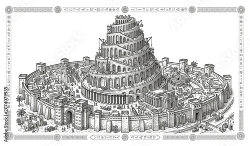 Canvas Print Ancient Tower of Babel Babylon City Hand Drawn Sketch Archaeology History Vector