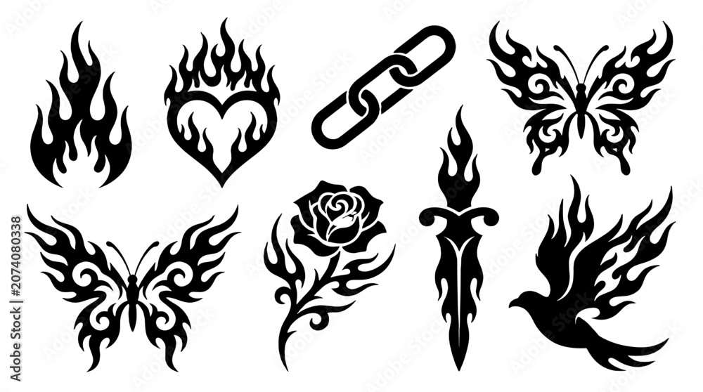 Obraz premium Set of black tribal tattoo symbols with flames butterfly and rose