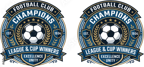 Professional football club champions badge design featuring a detailed soccer ball on transparent background