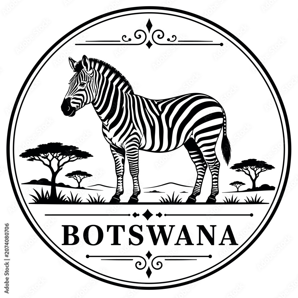 Fototapeta premium Zebra in Botswana landscape with acacia trees and text