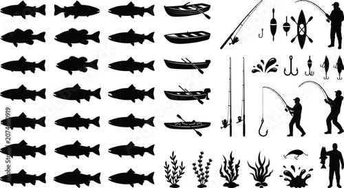 Fotografi Collection of black silhouette fishing fish, boats, rods, people, and gear salmo
