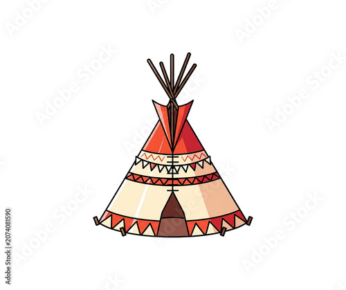 Colorful Native American teepee tent with geometric patterns, representing traditional dwelling