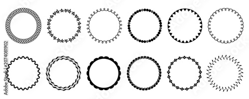 Collection of round doodle frames and borders featuring stars, dots, flags, ropes, and leaves on a transparent background