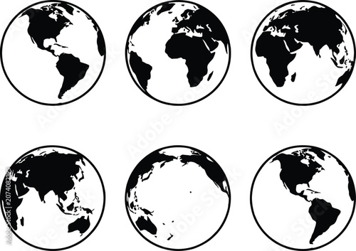 Editable icon set of black and white globe silhouettes for global concepts