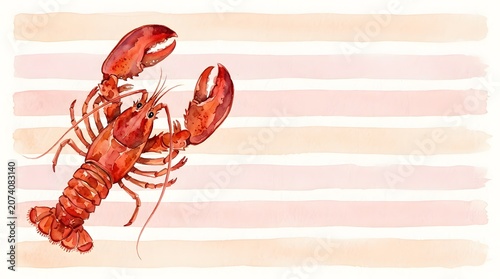 Watercolor illustration of a red lobster on a background of soft pastel pink and peach horizontal stripes