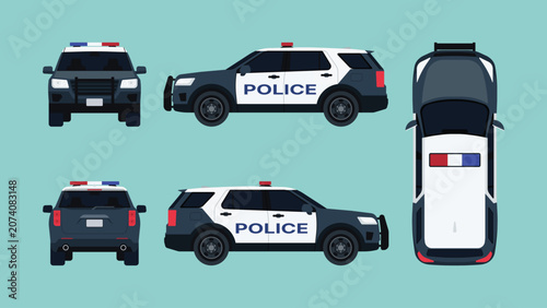 Police SUV set with side, front, rear, and top views in modern design for highway patrol and law enforcement, flat vector illustration