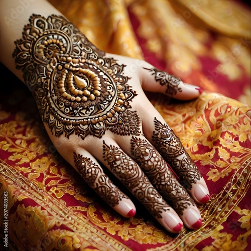 A hand adorned with intricate henna designs on a red and gold fabric