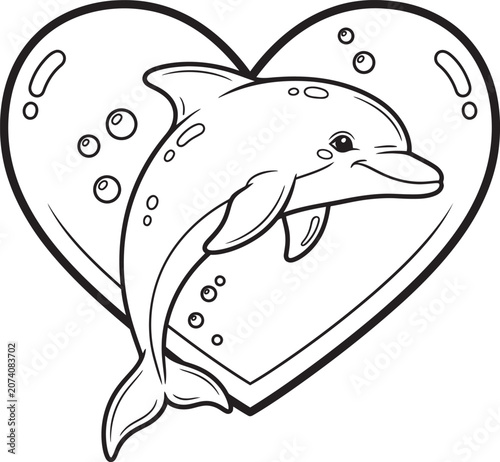 Dolphin in heart shape outline black and white line art illustration