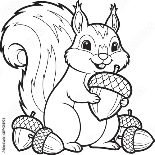 Smiling squirrel holding acorn coloring page