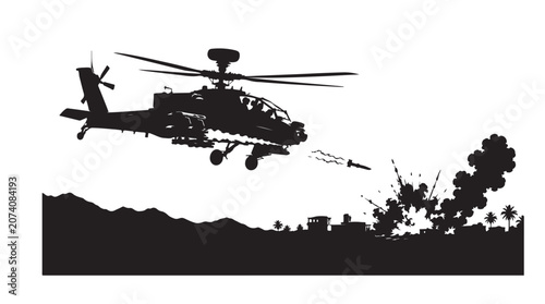 Quadro em tela Military Attack Helicopter Flying Over Battlefield Combat Aviation Illustration
