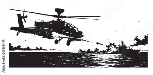 Obraz na plátně Military Attack Helicopter Flying Over Battlefield Combat Aviation Illustration
