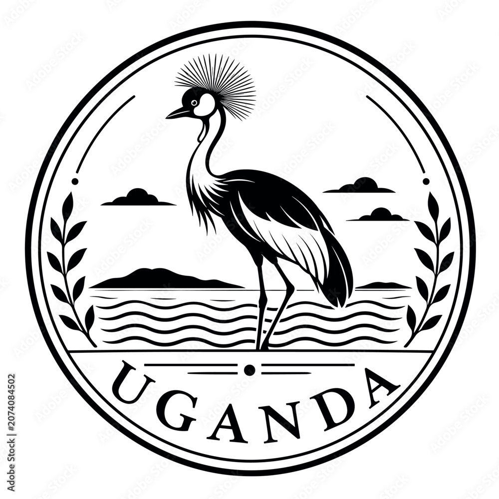 Fototapeta premium Uganda national emblem with crested crane, landscape, and text