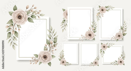 Elegant Floral Frames with Delicate Roses and Greenery - Wedding Invitation Design Elements