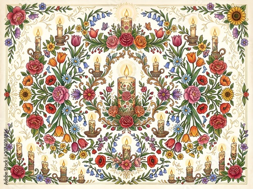 Ornate Floral Tapestry with Candles and Clock Design.