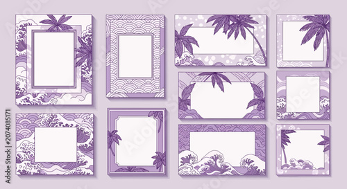 Purple Tropical Frames and Borders with Palm Trees and Ocean Waves