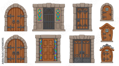 Set of medieval wooden doors with stone frames and ironwork