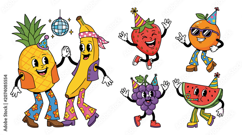 Fototapeta premium Cartoon fruit characters dancing at a party in retro outfits