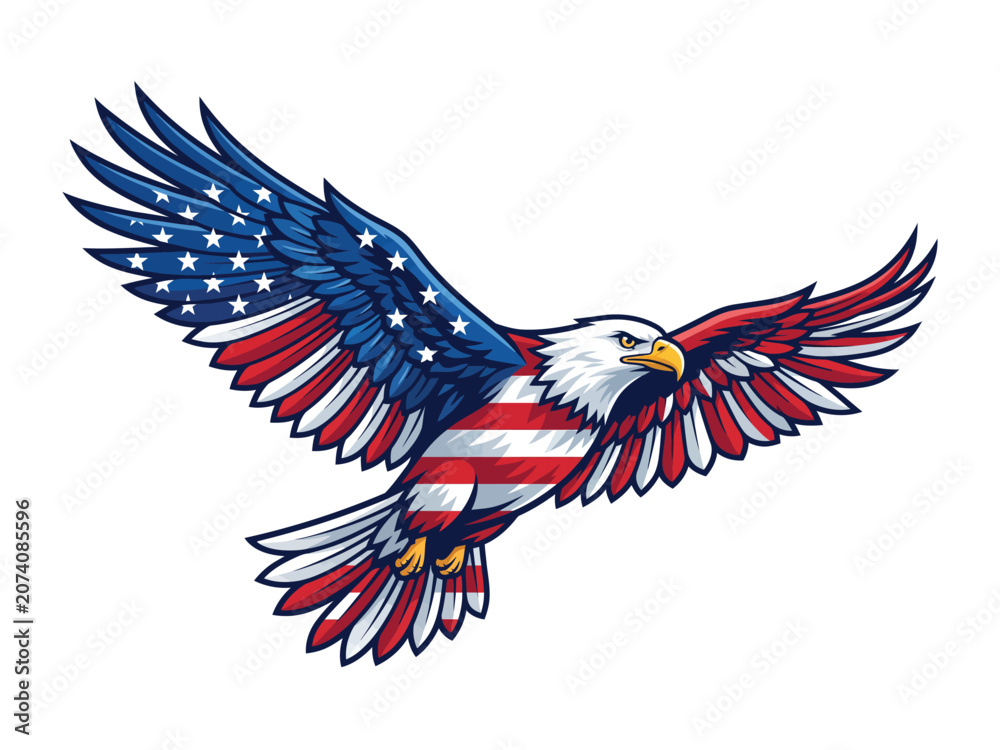 Obraz premium Majestic bald eagle flying with united states flag pattern on wings and body as a symbol of freedom
