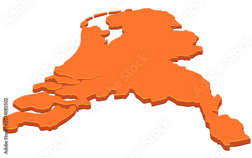 Isometric orange map of the Netherlands representing Dutch national pride, Oranje team spirit, cultural identity, and kingdom sovereignty (cut out).