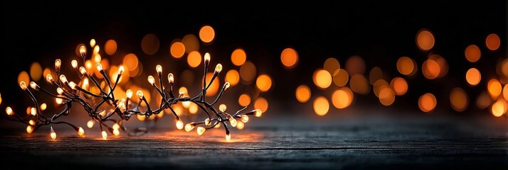 Christmas Warm Mood Fairy Lights Bokeh Scattered Over Rustic Vintage Wooden Board For Celebration