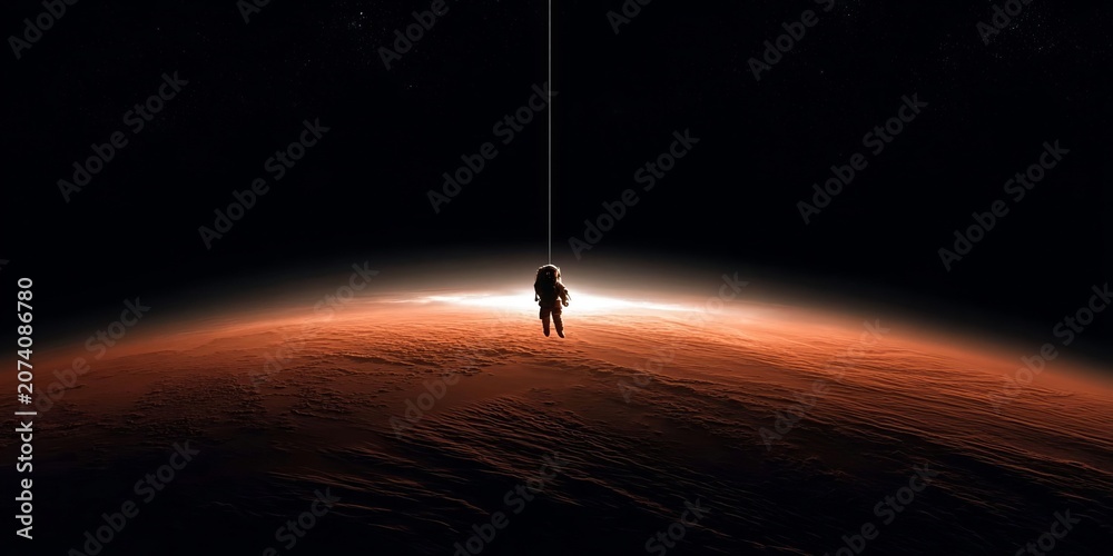 Fototapeta premium Astronaut performing a space walk above the red surface of Mars in a cinematic outer space setting.