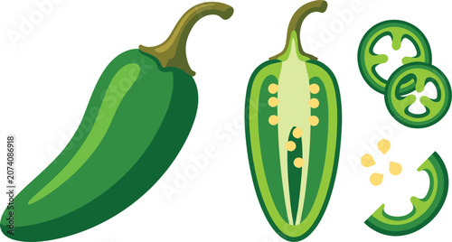 Foto Green Jalapeno Pepper Vector Set with Whole Chili Half Cut Slices and Seeds for