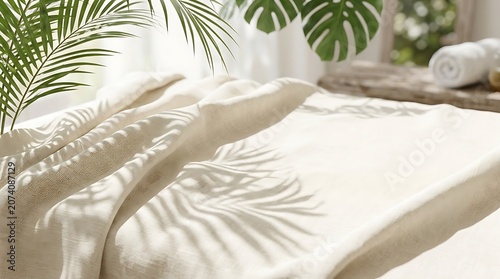 Close up of white bed with tropical leaf shadows