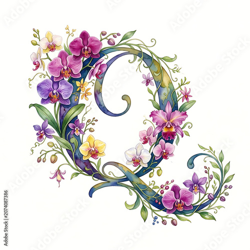 Beautiful Floral Q Letter Clipart For Alphabet Letters With Colorful Orchids and Foliage Elements