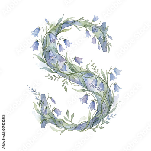Watercolor Letter S with Bluebell Flowers Clipart for Alphabet Letters Design