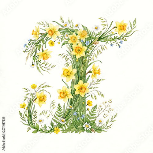 Watercolor floral Letter T clipart for alphabet letters with yellow daffodils and green grass