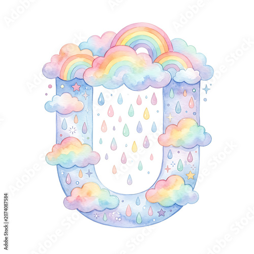 Whimsical rainbow and cloud alphabet letter U clipart for kids educational use