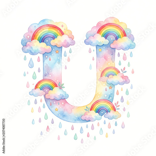 Watercolor letter U clipart for alphabet letters, with rainbows and clouds, for charming and whimsical designs