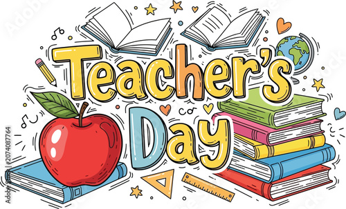 Teacher's day illustration books apple and globe education appreciation concept