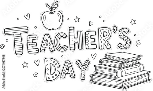 Teacher's day doodle art hand drawn illustration with apple and stack of books