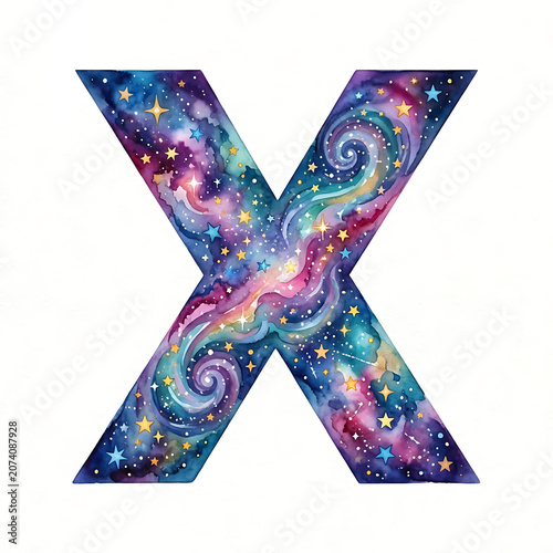 Vibrant watercolor galaxy letter X stars clipart for alphabet letters educational typography