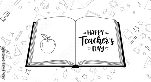 Happy teacher's day open book with school supplies and apple black and white illustration