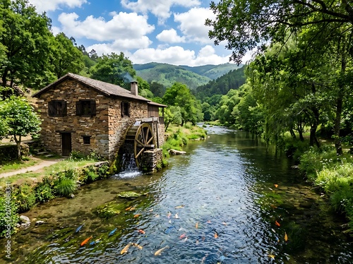 Historic Stone Watermill by a Serene River in Countryside.