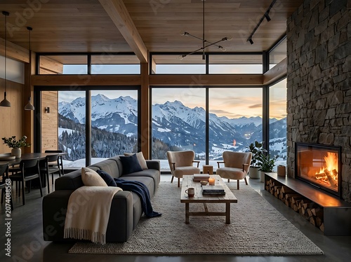 Cozy cabin interior with mountain view and fireplace.