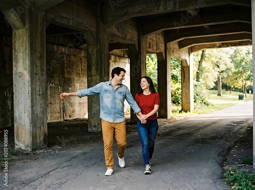 Couple walking under old stone bridge.