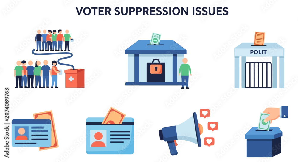 Naklejka premium Graphics depicting election themes including voting lines IDs a megaphone and ballot boxes on a white background
