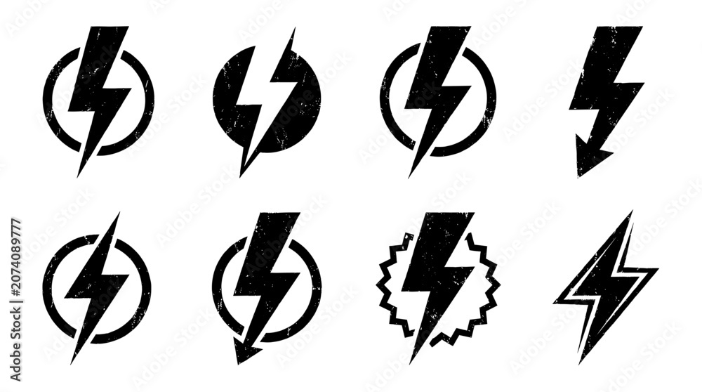 Fototapeta premium Grunge Lightning Bolt Electric Flash Icon Vector Set