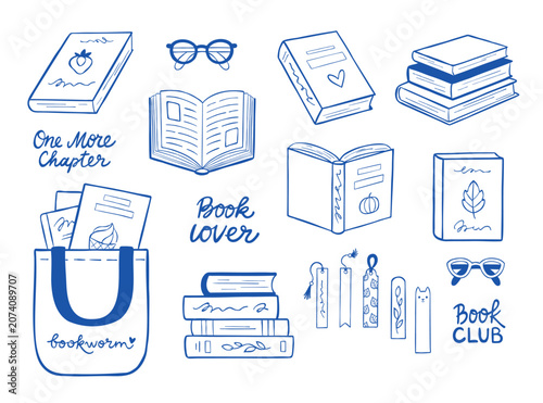 Foto Hand-drawn line illustration set with books, reading glasses, bookmarks, and a bookish tote bag