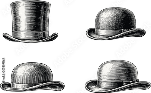 Obraz na płótnie Hat vector illustration set with top hat and classic bowler hats in vintage gentleman retro monochrome engraved sketch style